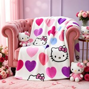Hello Kitty Candy White Purple Pink Hearts Plush Faux Throw Blanket 50”x 70”